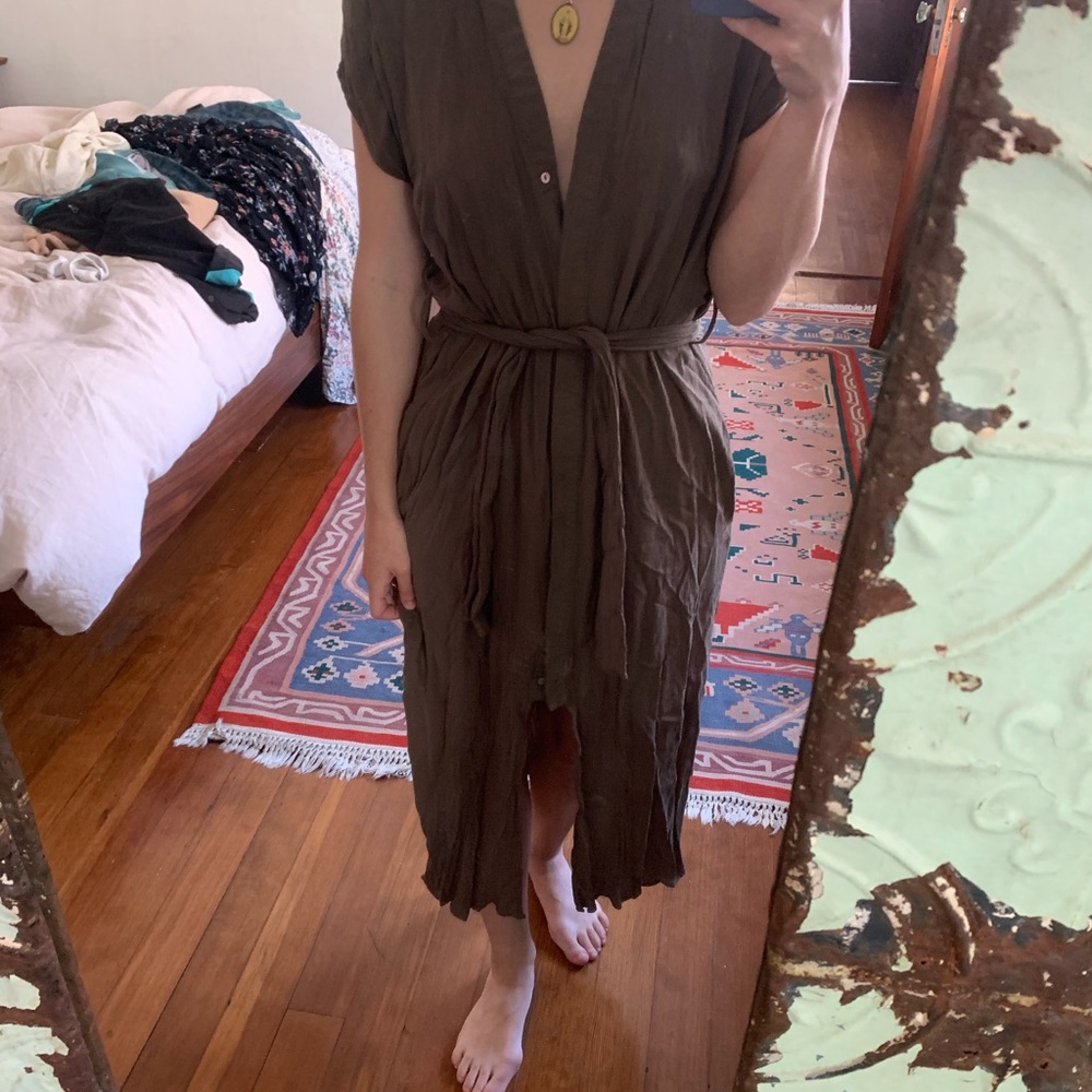 Short sleeve olive green button down midi dress Zara